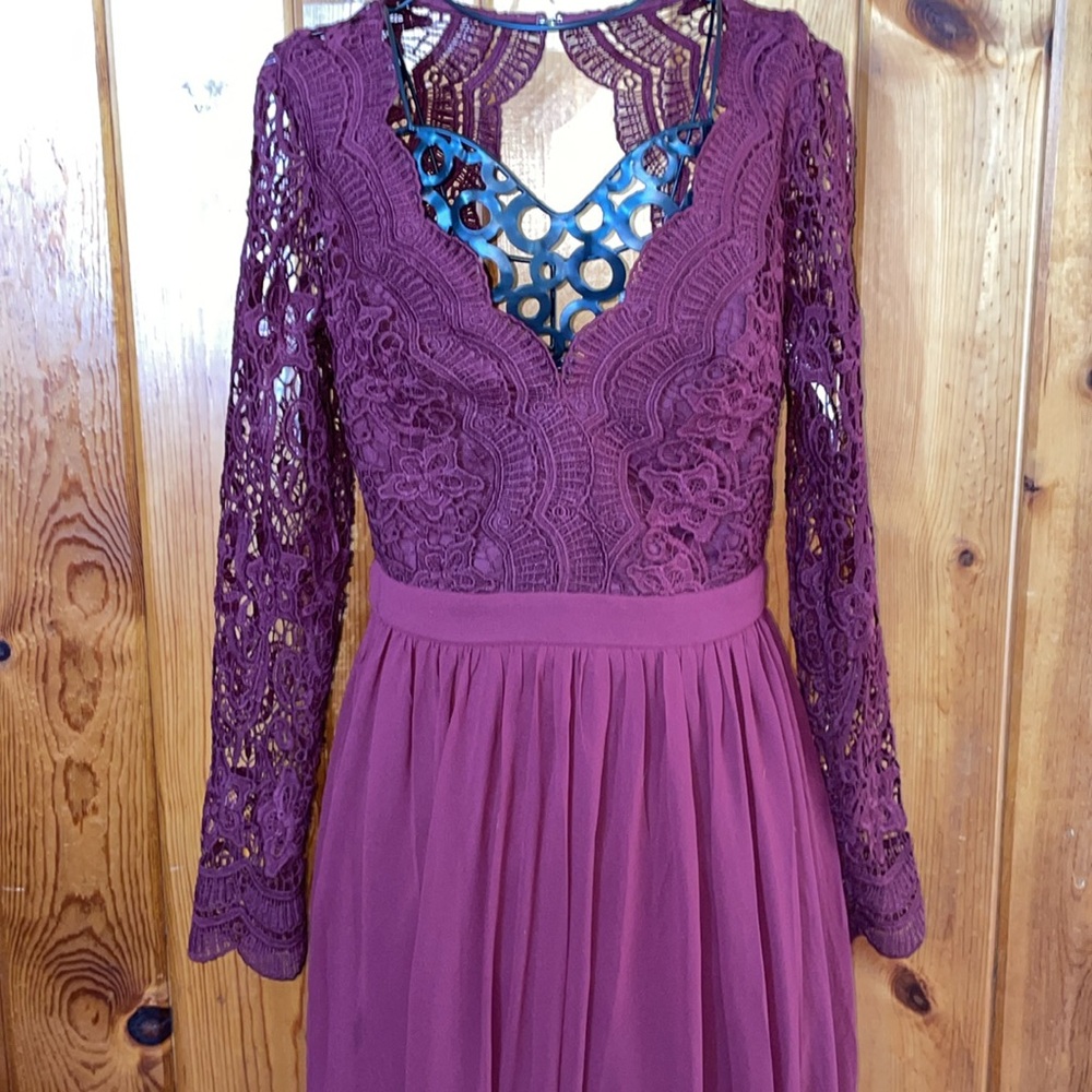 Awaken My Love Burgundy Long Sleeve Lace Maxi Dress small bridesmaids maternity - Picture 7 of 13